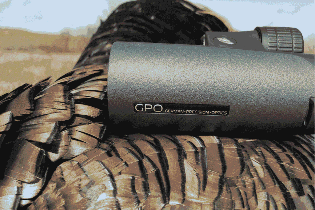 Monocular on a Turkeys back after hunting in the feilds