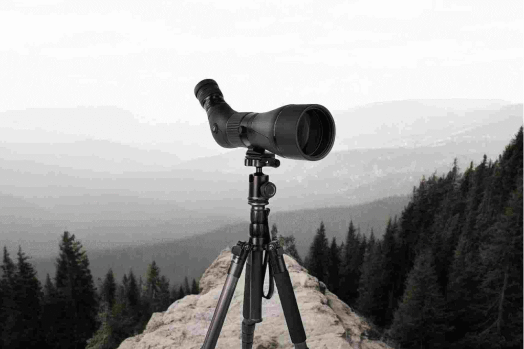 Spotting Scope on moutain top being used to have precision vision when hunting